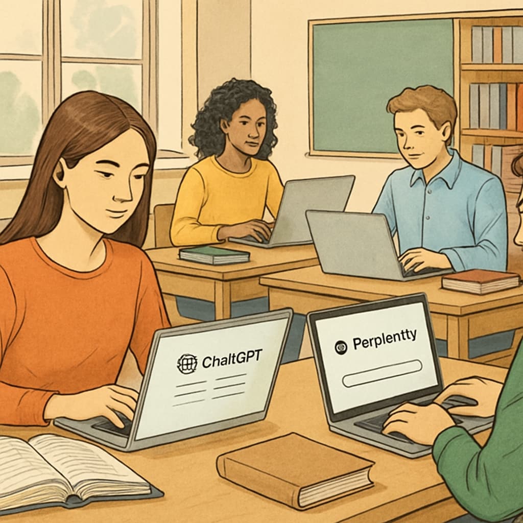 Illustration of university students using laptops with AI tools like ChatGPT and Perplexity on their screens, symbolizing diverse academic applications. University students using AI tools like ChatGPT and Perplexity for academic tasks.