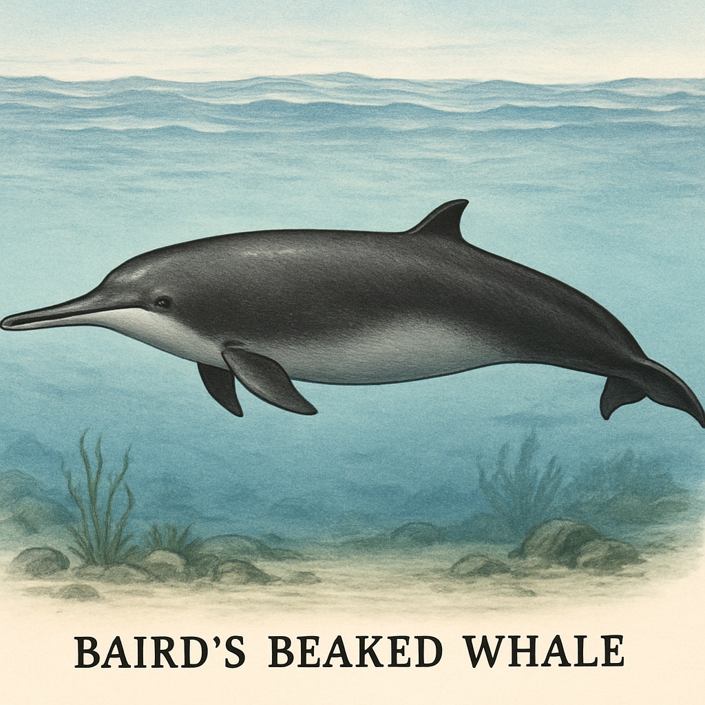A vivid image showcasing a Baird's beaked whale in its natural ocean habitat, highlighting its long beak and streamlined body. Baird's beaked whale in the ocean, an example of marine species diversity.