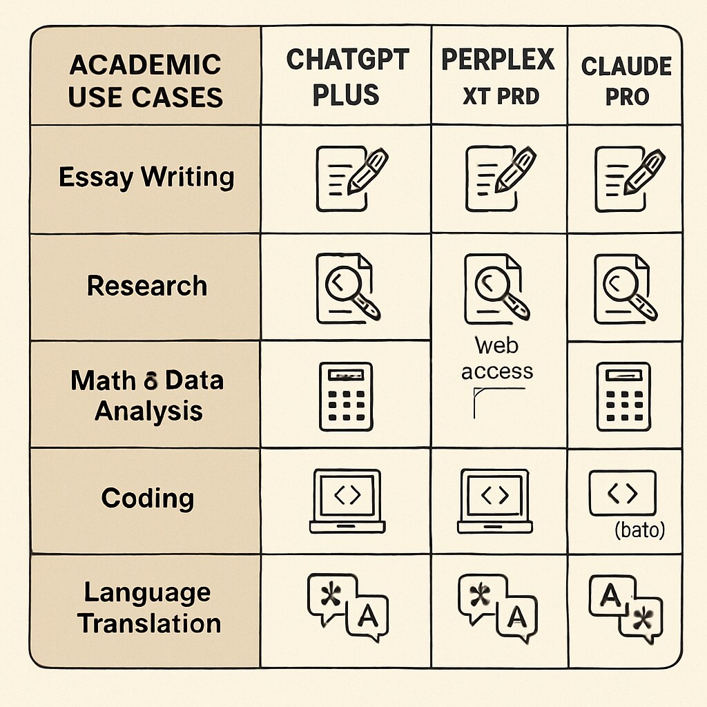 A detailed comparison chart showing the features of ChatGPT Plus, Perplexity Pro, and Claude Pro for different academic use cases. Comparison chart of ChatGPT Plus, Perplexity Pro, and Claude Pro features.