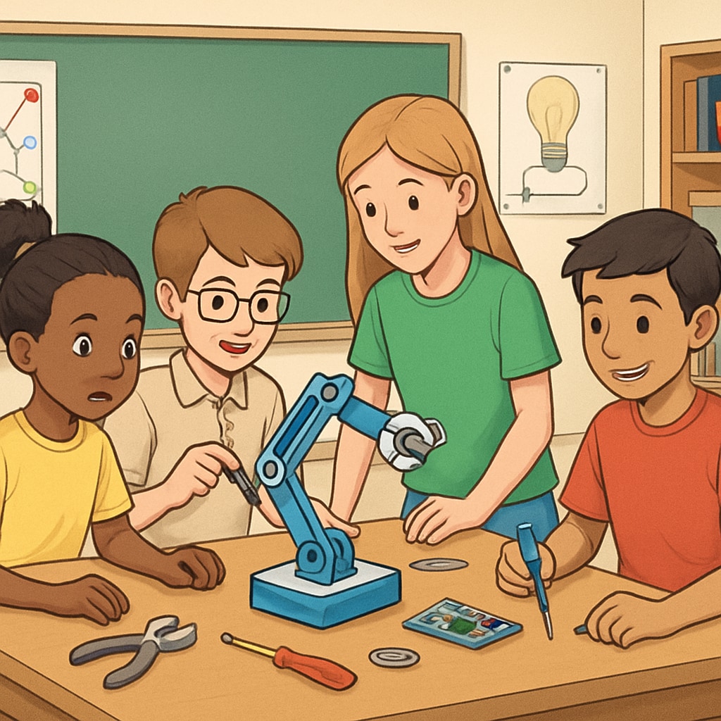 A classroom environment where students are engaged in a hands-on STEM project, such as building a simple robotic arm. Students working on a STEM project in a classroom to develop engineering skills.