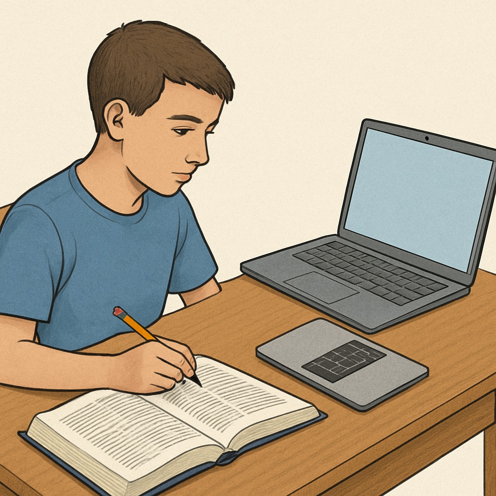 A student at a desk with both a textbook and a laptop, symbolizing the balance between traditional and online learning. A student balancing traditional and online learning with a textbook and laptop.