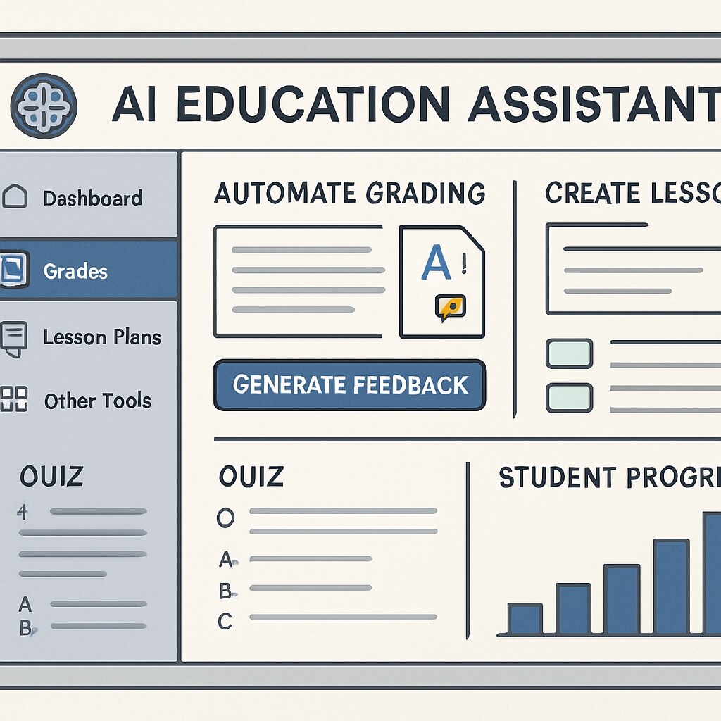 AI-powered education assistant software interface with grading automation and lesson planning tools.