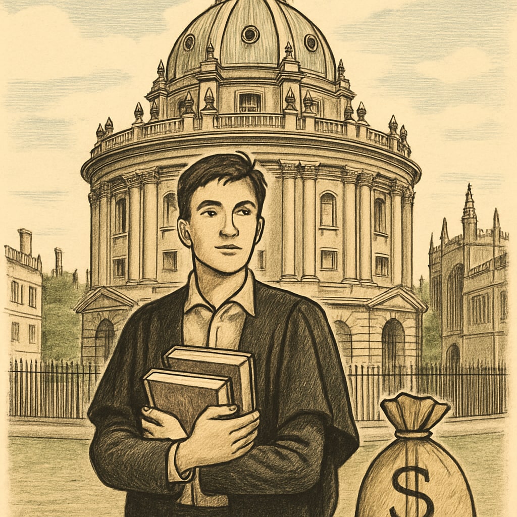 A student standing in front of Oxford University's iconic Radcliffe Camera, symbolizing educational aspiration and financial barriers. Immigrant student facing financial barriers at Oxford University