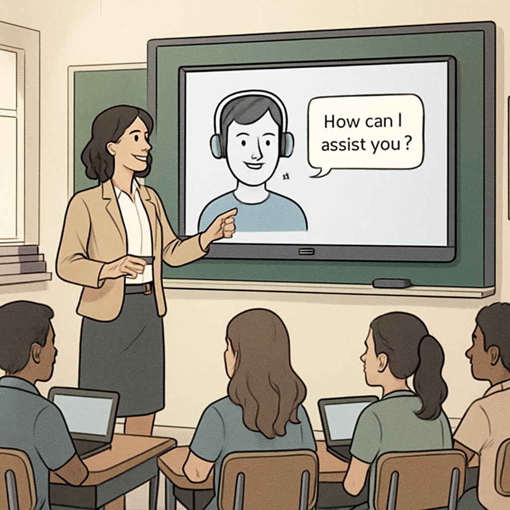 Teacher using AI-powered classroom assistant to enhance student engagement.