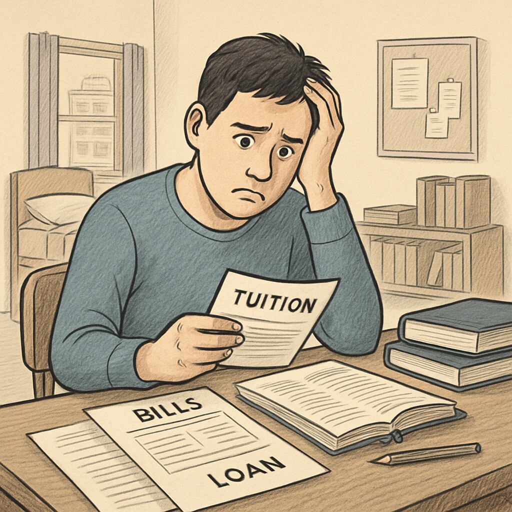 A frustrated student reviewing financial documents in a dorm room, symbolizing the economic stress caused by identity-related tuition restrictions. Immigrant student dealing with tuition-related stress