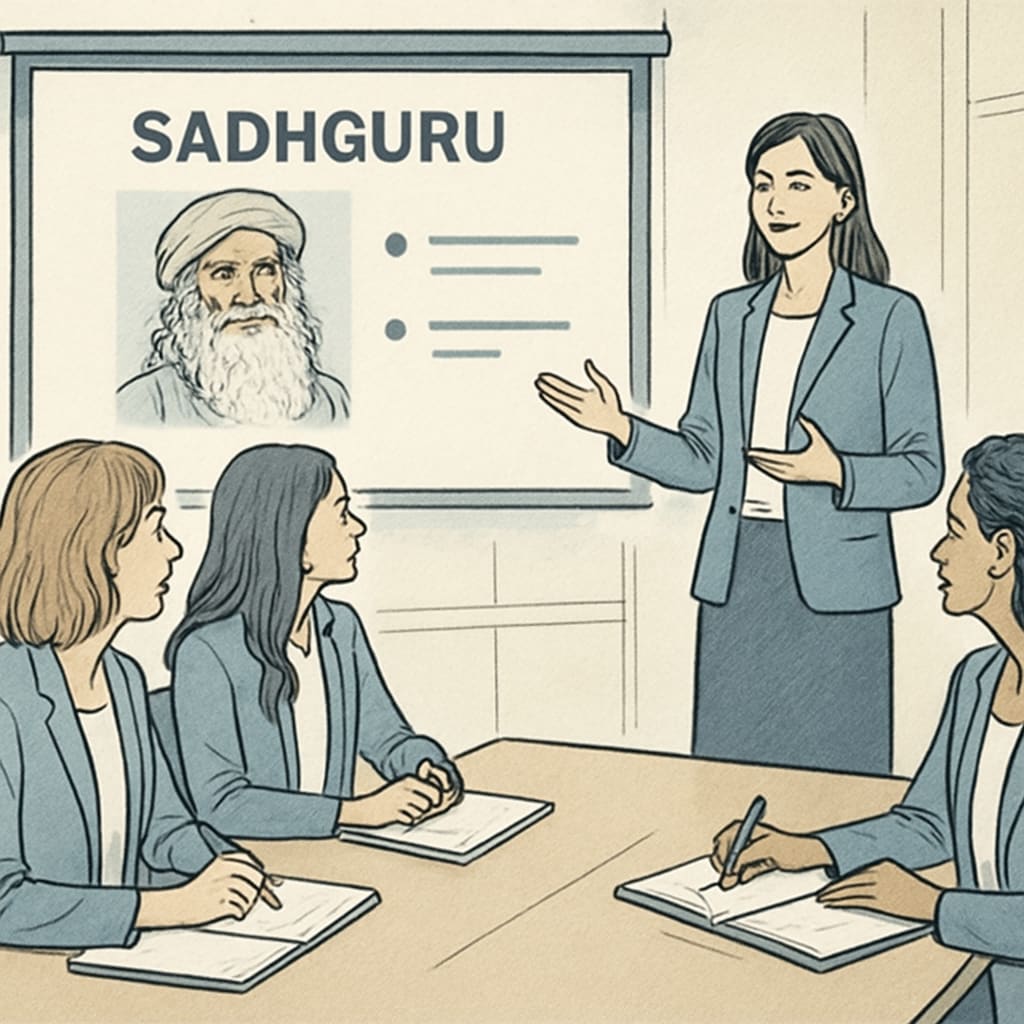 A professional woman speaking at a business meeting, symbolizing effective communication and introducing key concepts about Sadhguru to women entrepreneurs. Woman presenting at a business meeting about Sadhguru's teachings and their relevance to women entrepreneurs.