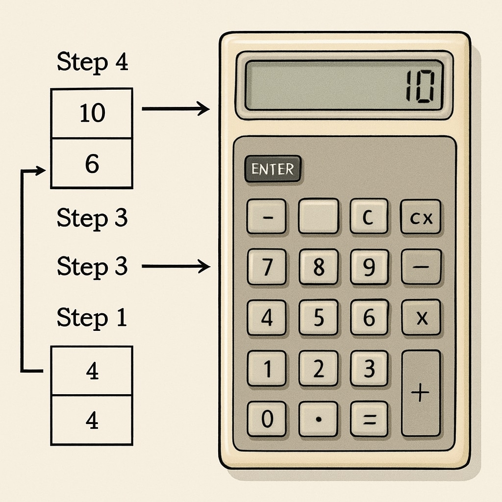 An RPN calculator displaying a stack-based computation process, emphasizing logical sequence and input simplicity. RPN calculator showcasing stack-based input efficiency.