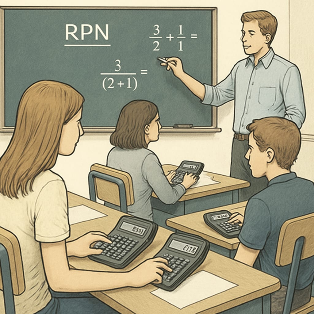 A classroom setting featuring students using RPN calculators during a math lesson, highlighting its educational potential. Students using RPN calculators in a classroom setting for math calculations.
