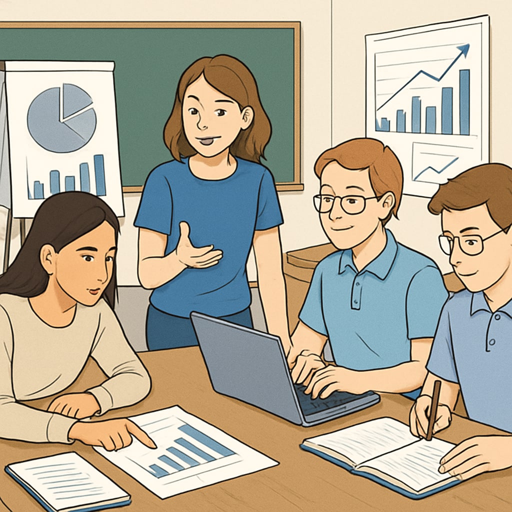 Classroom activity focused on business analysis and finance education.