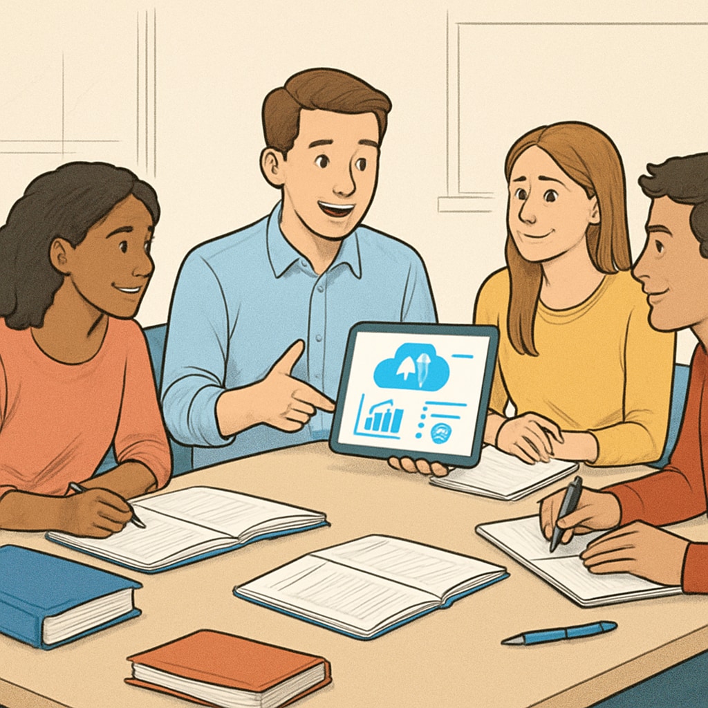 Peer tutoring session enhanced by AI tools for learning.