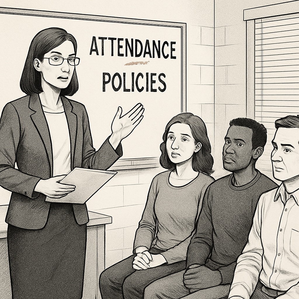 Discussion about attendance policies in a school setting with parents and teachers.