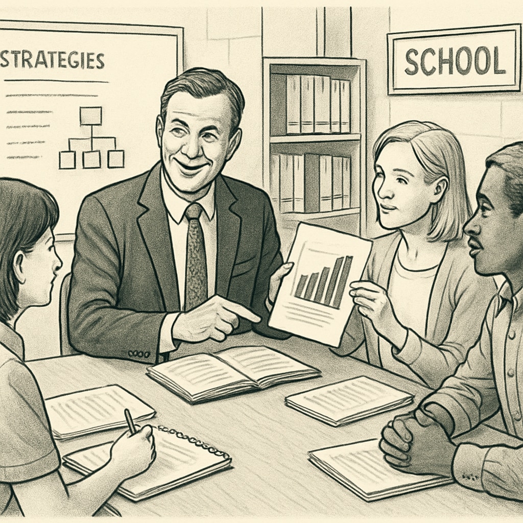 A school principal discussing tasks with staff in a meeting, illustrating non-teaching administrative roles.