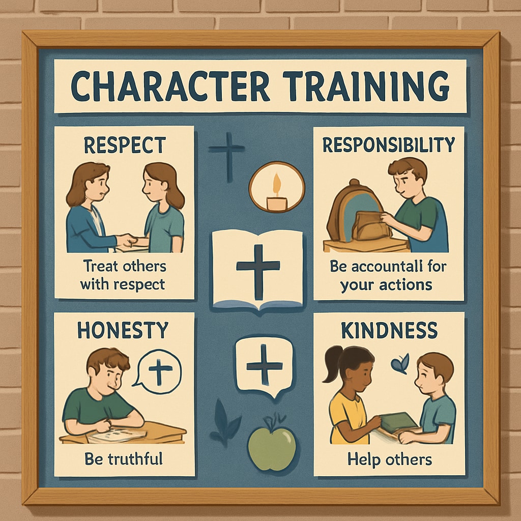 A school bulletin highlighting character training programs with potential religious undertones, questioning church-state separation.