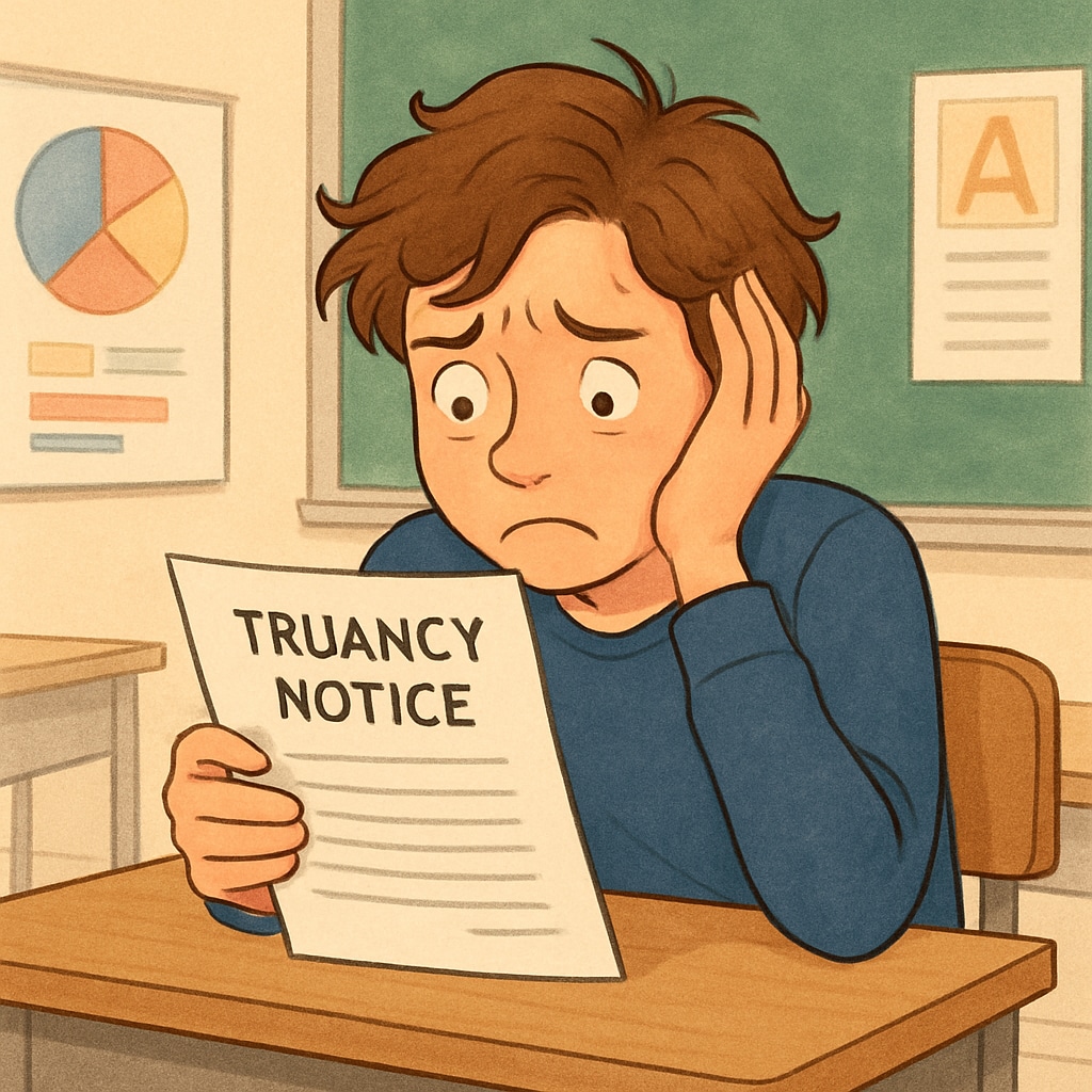A stressed student holding a truancy notice, illustrating the impact of strict attendance policies.