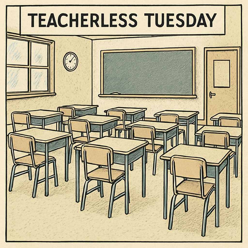 Empty classroom during Teacherless Tuesday.