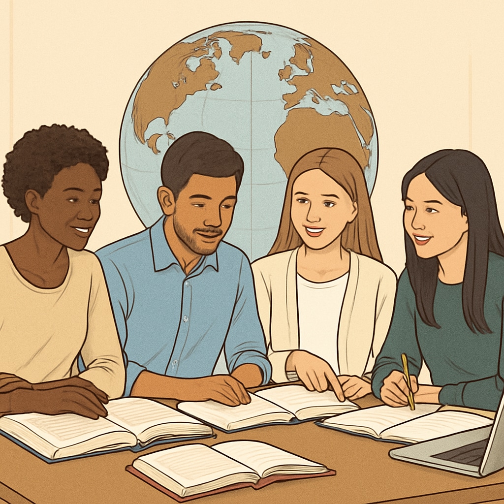 International students discussing affordable AS-level university options.