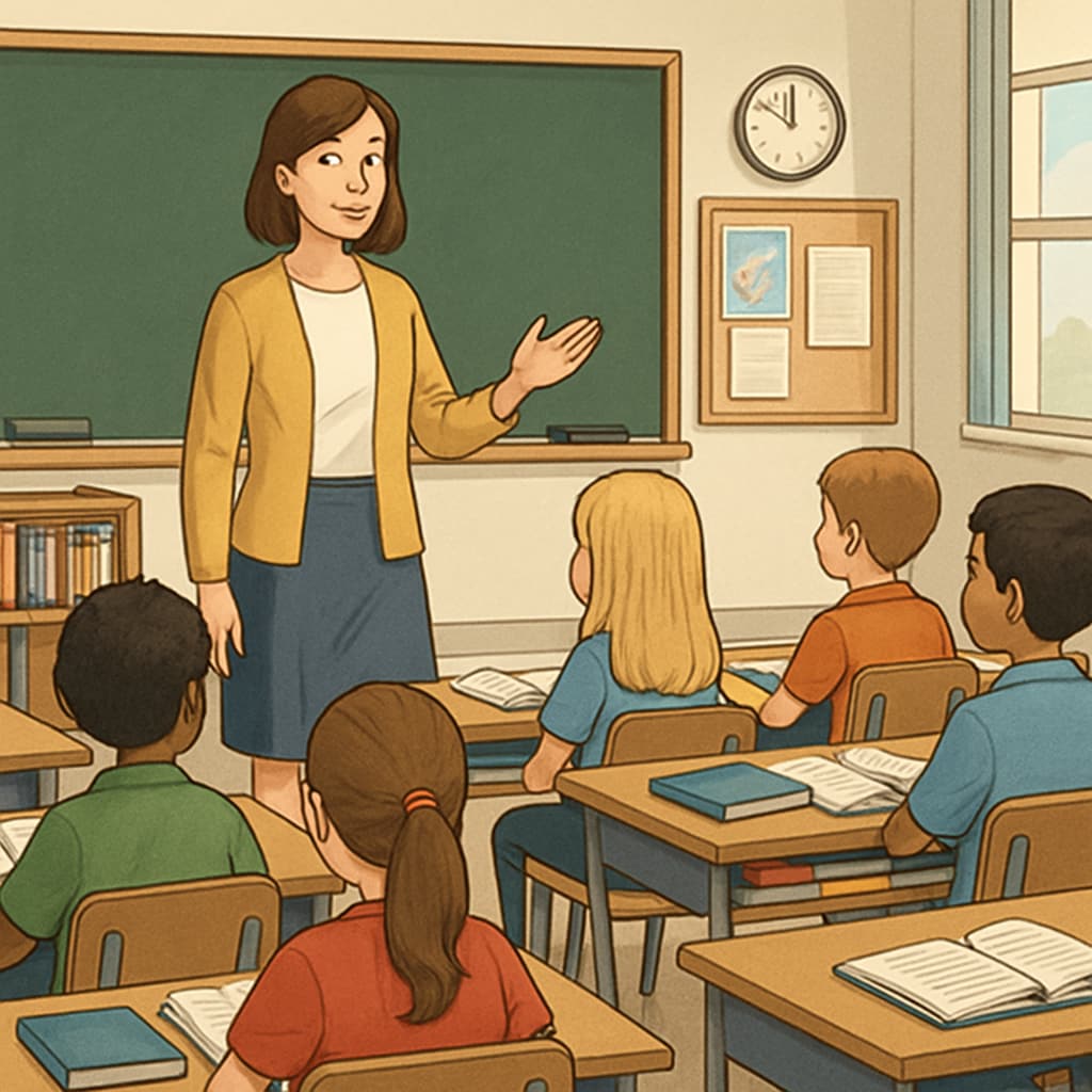 A teacher addressing a group of focused students in a well-organized public school classroom. Public school classroom with focused students and a teacher, representing effective classroom management.