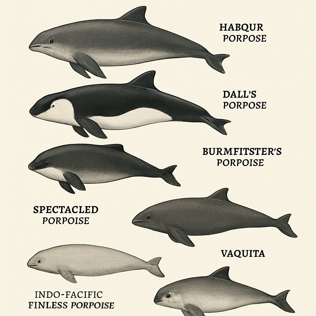 A scientific illustration of the six porpoise species, highlighting their physical distinctions. An illustration showcasing six porpoise species for marine life taxonomy.
