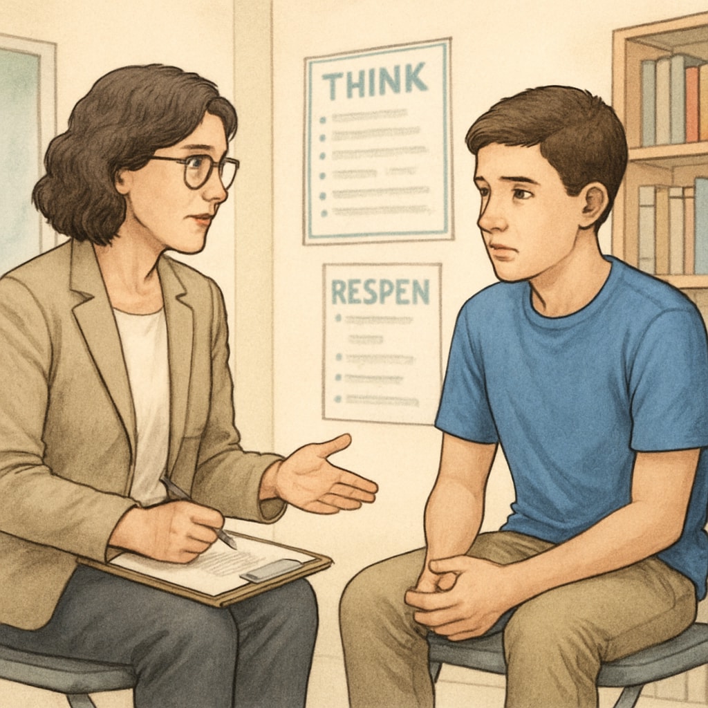 A counselor working one-on-one with a student in a behavioral intervention session. A school counselor helping a student during a behavioral support program session.
