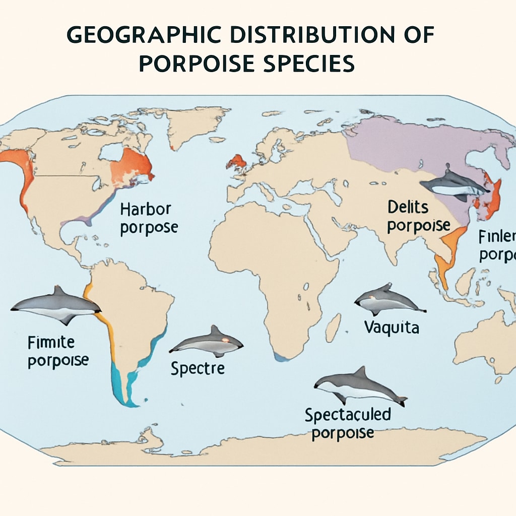 A map showing the geographic distribution of different porpoise species worldwide. A world map illustrating the habitats of various porpoise species.