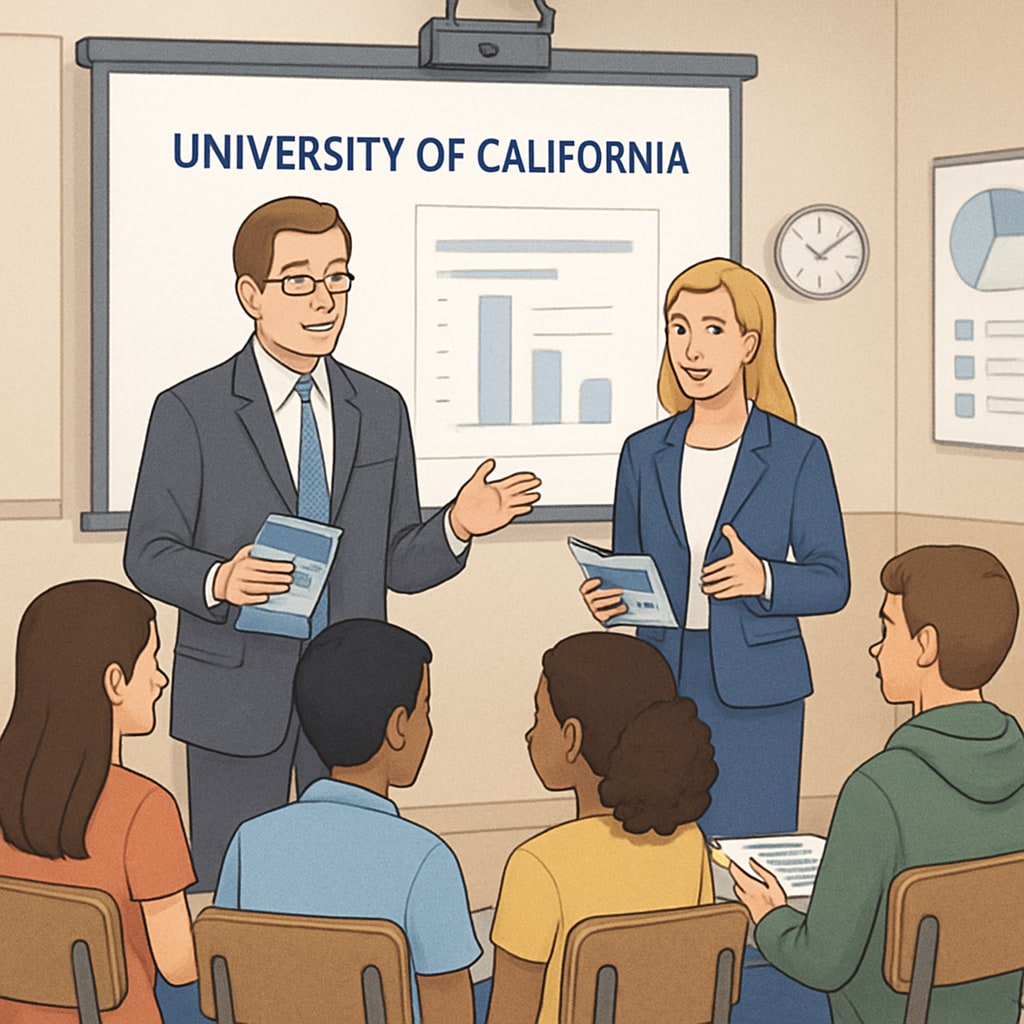 A group of K12 students engaging in a career guidance seminar with University of California advisors. K12 students participating in a career guidance seminar hosted by UC advisors.