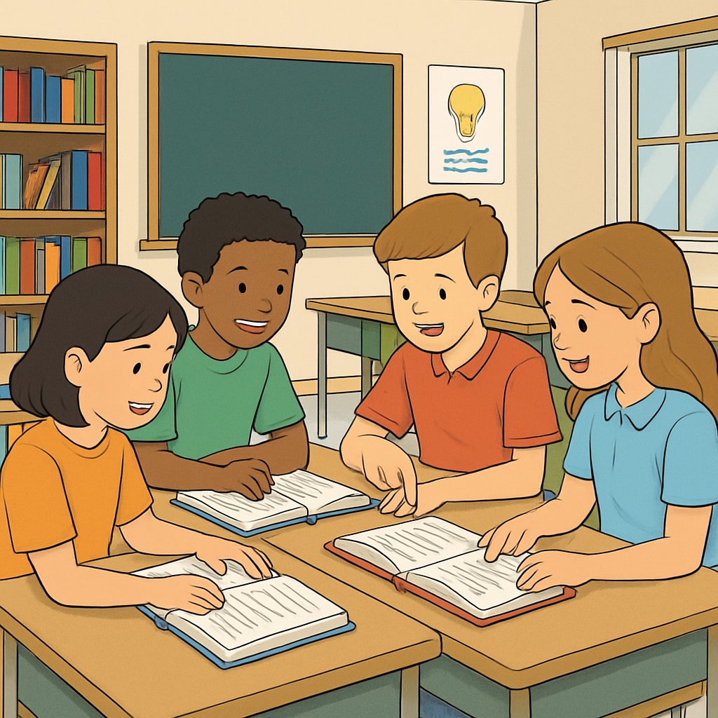 A classroom setting where students are engaged in group reading activities, showing collaboration and comprehension development. Fifth-grade students collaborating on reading tasks in an optimized ELA module.