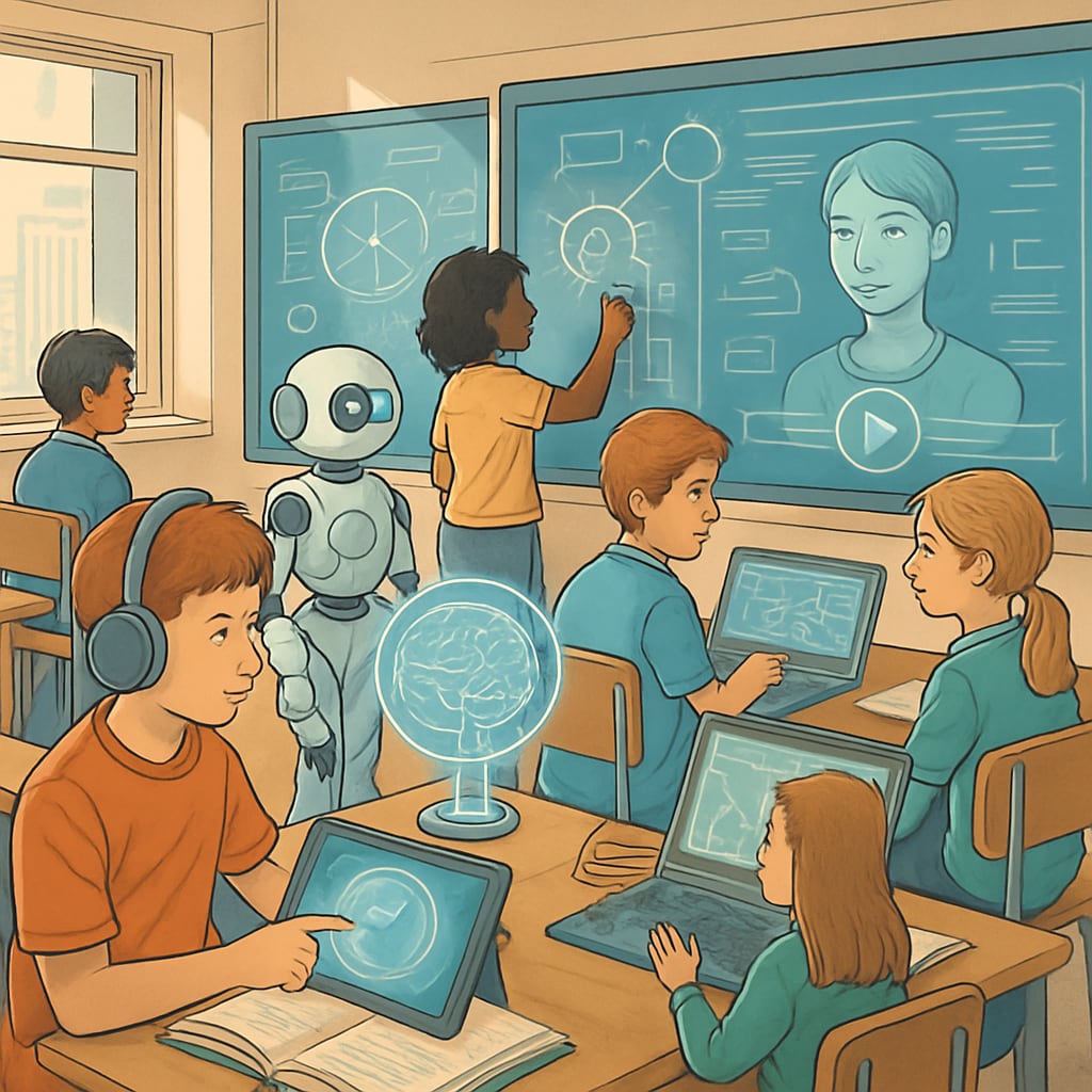 Students in a futuristic classroom using AI-powered educational tools.