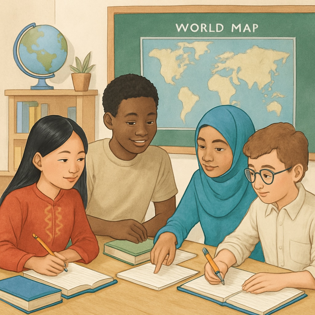Students working together in a classroom to highlight international adaptability.