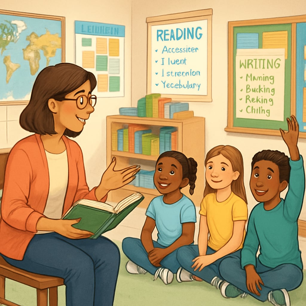 A teacher conducting an interactive read-aloud session with fifth-grade students in a colorful classroom environment. Teacher leading a read-aloud to model comprehension strategies for fifth-grade students.
