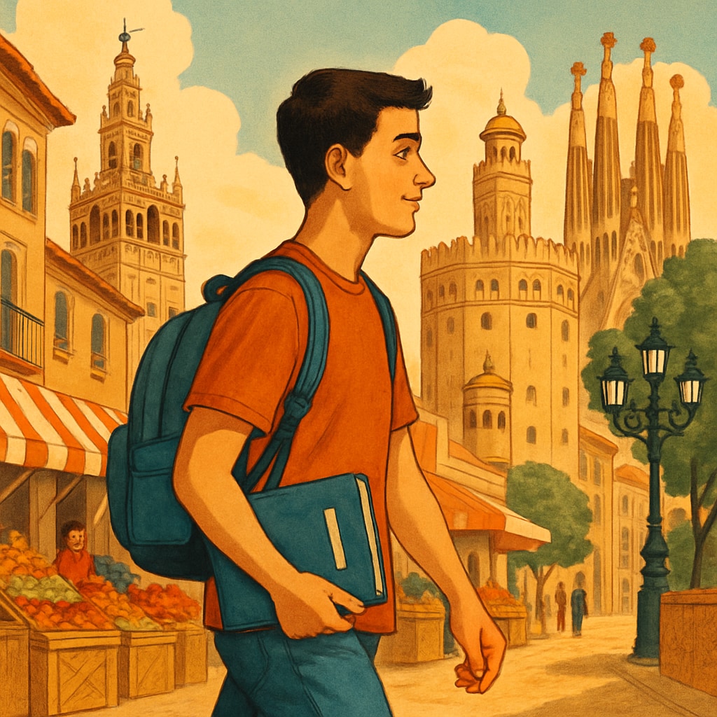 A young student walking through a Spanish city to represent cultural immersion.