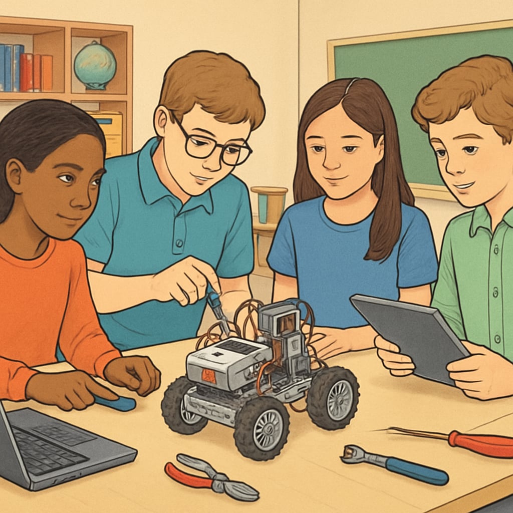 K12 students collaborating on a robotics project to learn about AI and technology.