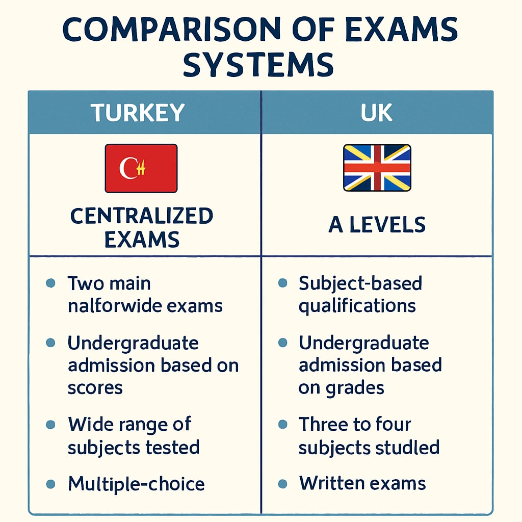 Chart comparing Turkey’s centralized exams and the UK’s A Level system.