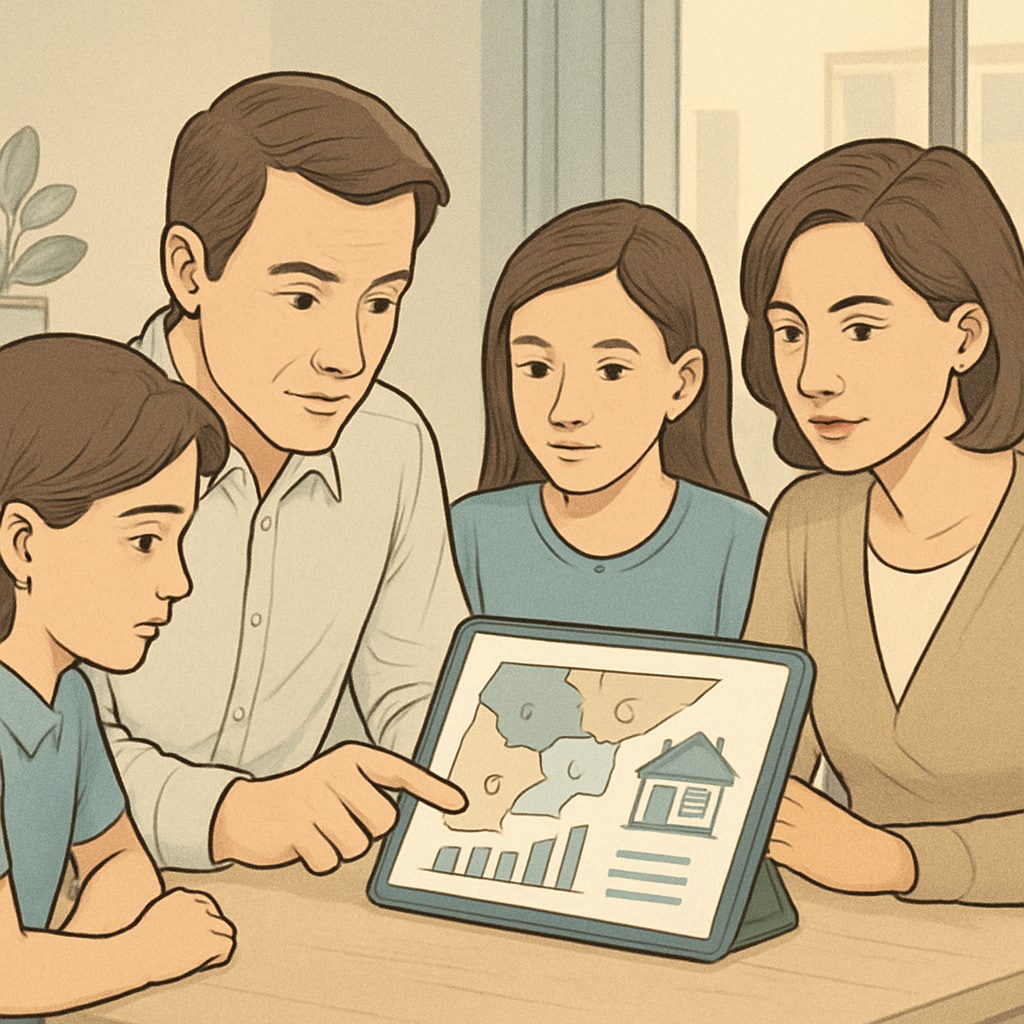 Family researching school districts and housing options to align education and investment goals.