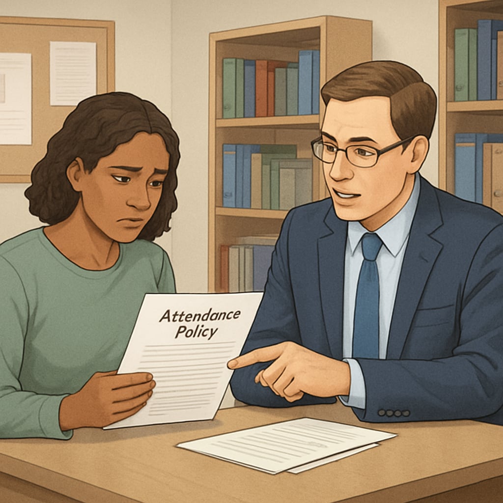 A concerned parent reviewing attendance policy guidelines with a school administrator. Parent discussing strict school attendance policies with an administrator.