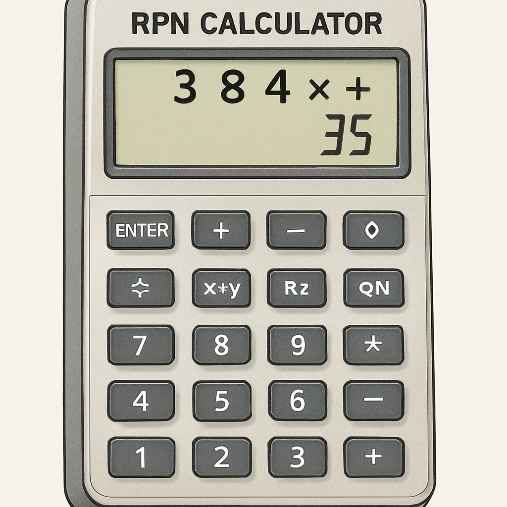 RPN calculator showing a solved math problem in Reverse Polish Notation