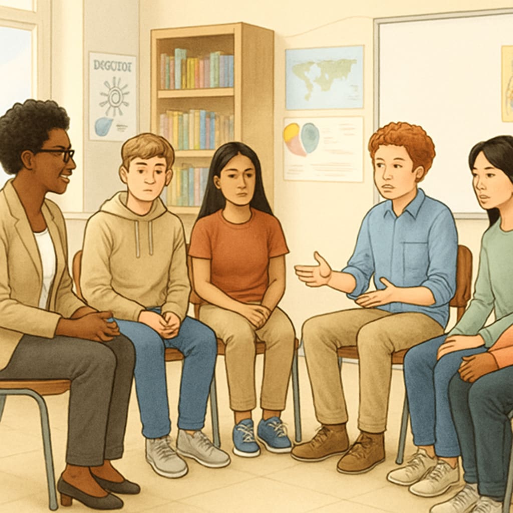 A diverse group of students engaging in a non-religious counseling session at school. Students participating in inclusive counseling as an alternative to religious intervention.