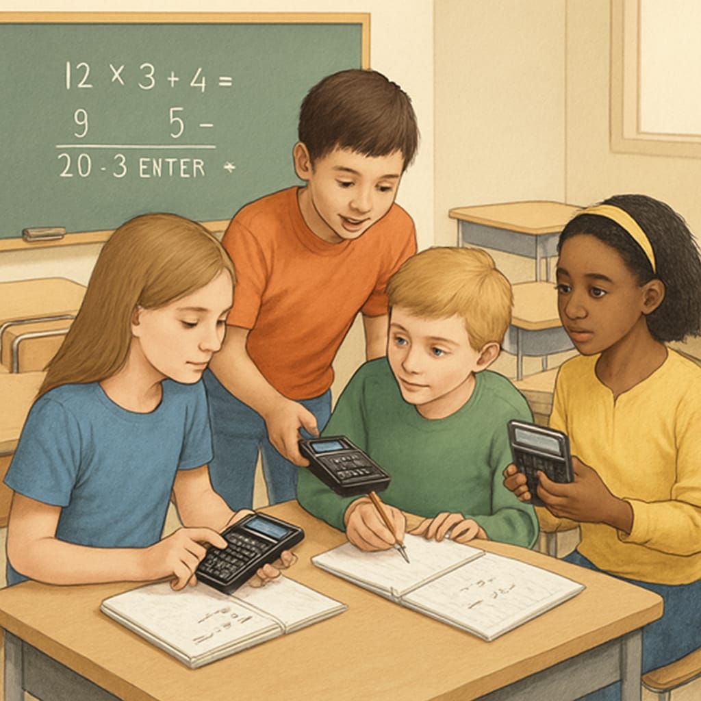 Students in a classroom using RPN calculators for math exercises