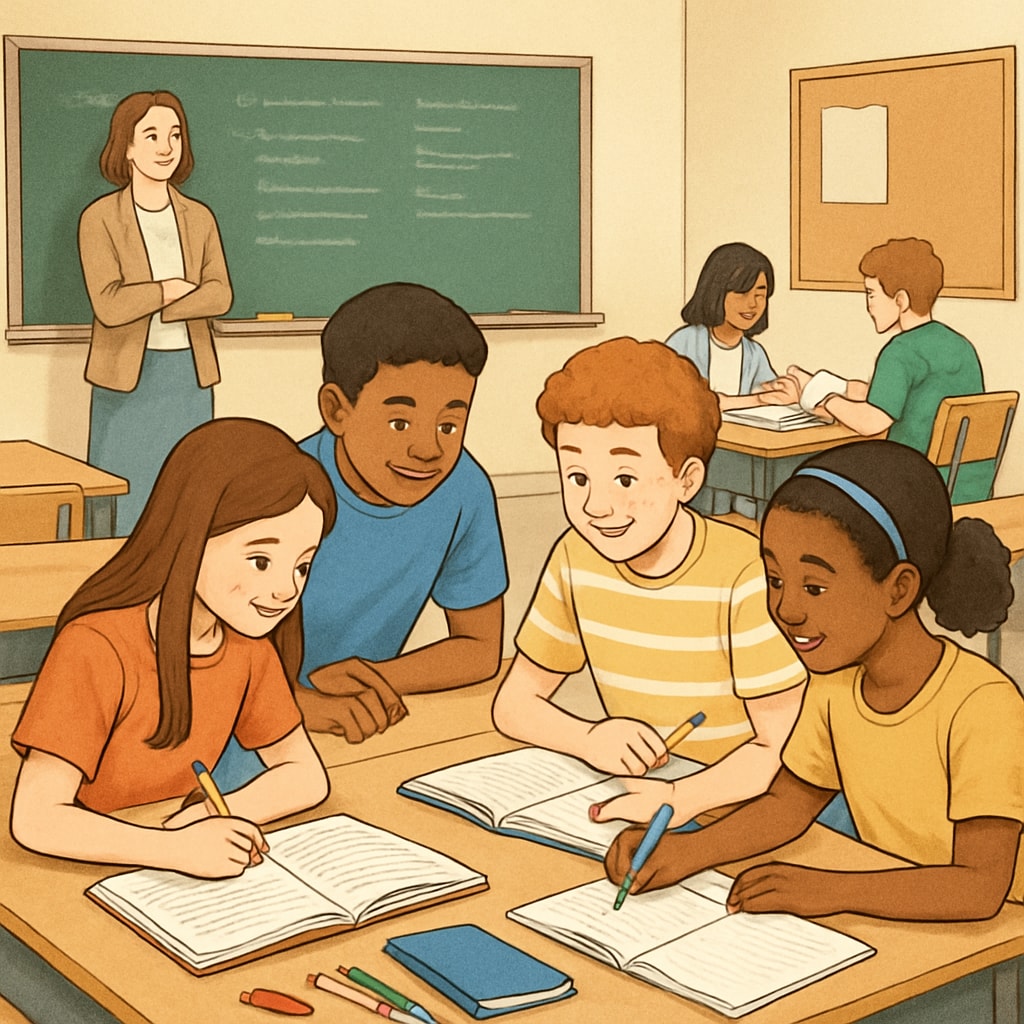 A classroom setting with middle school students engaged in a group activity, representing traditional education styles. Middle school students in a classroom setting, contrasting with online learning.