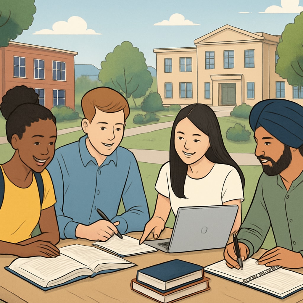 International students on a budget-friendly university campus, representing AS Level opportunities.
