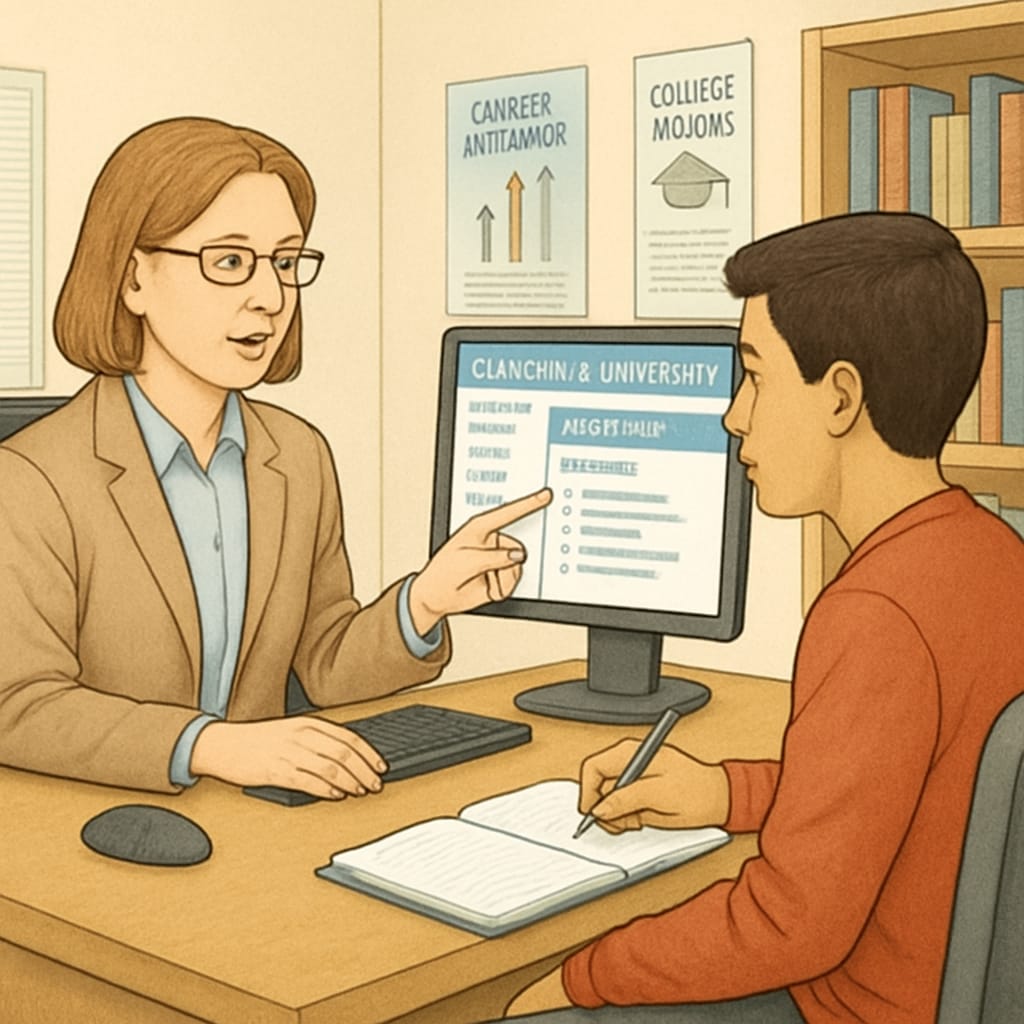 A career counselor helping a student explore California University’s career planning tools.