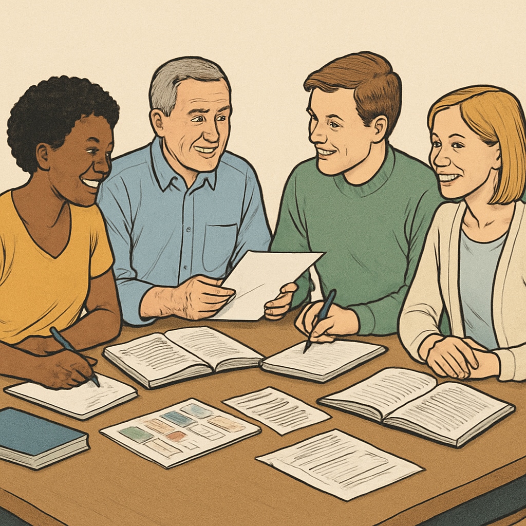 Adults participating in a community learning workshop to bridge educational gaps and improve foundational knowledge.