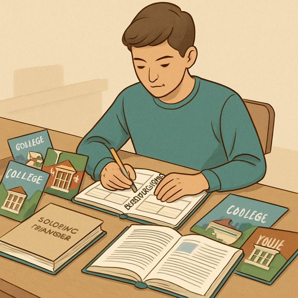 A student planning early for college applications with brochures and planners.