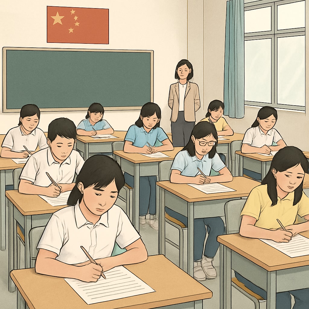 A classroom setting in China showing students focused on academic tests, symbolizing the importance of testing evaluations in the Chinese education system. Chinese classroom focused on testing evaluations and academic rigor