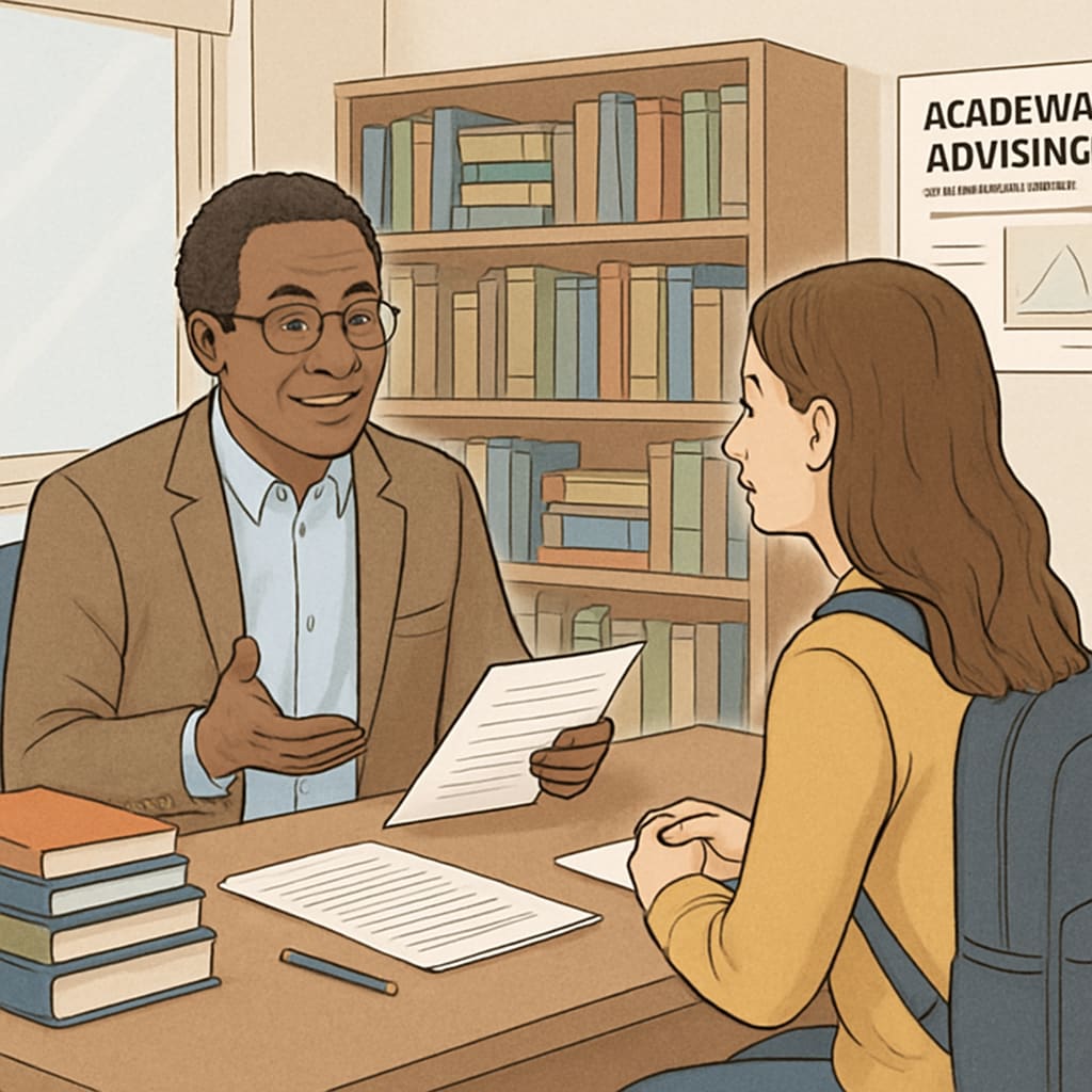 A student receiving personalized academic advice at a university office, symbolizing the student-centered approach. Student receiving academic advice in a university office, representing personalized learning.