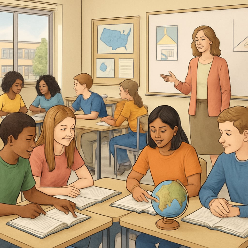 An American high school classroom with students participating in group activities, representing the holistic approach to education in the U.S. American classroom emphasizing holistic education practices
