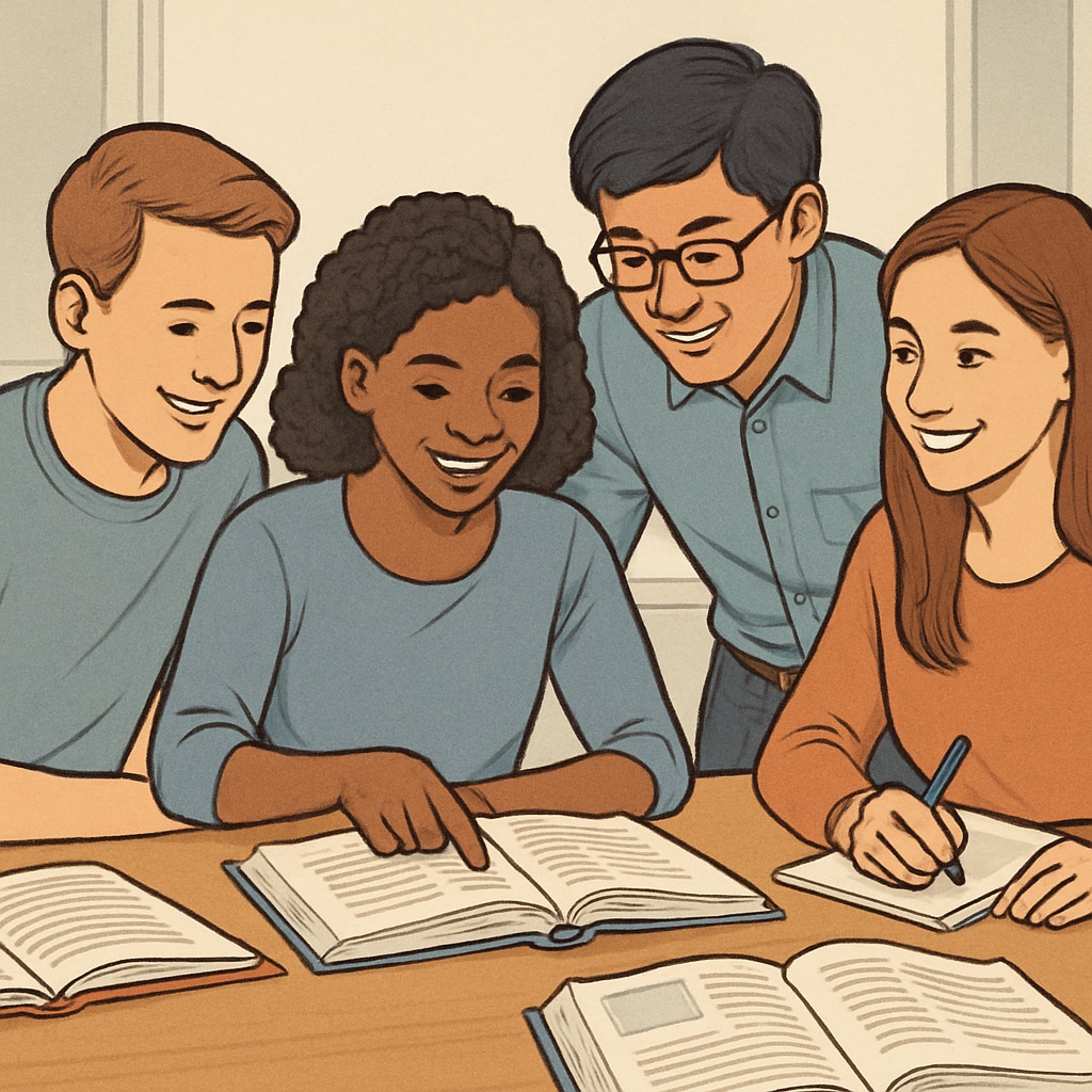 A group of students attending a peer tutoring session, emphasizing collaborative academic support. Students in a peer tutoring session, showcasing collaboration and academic support.
