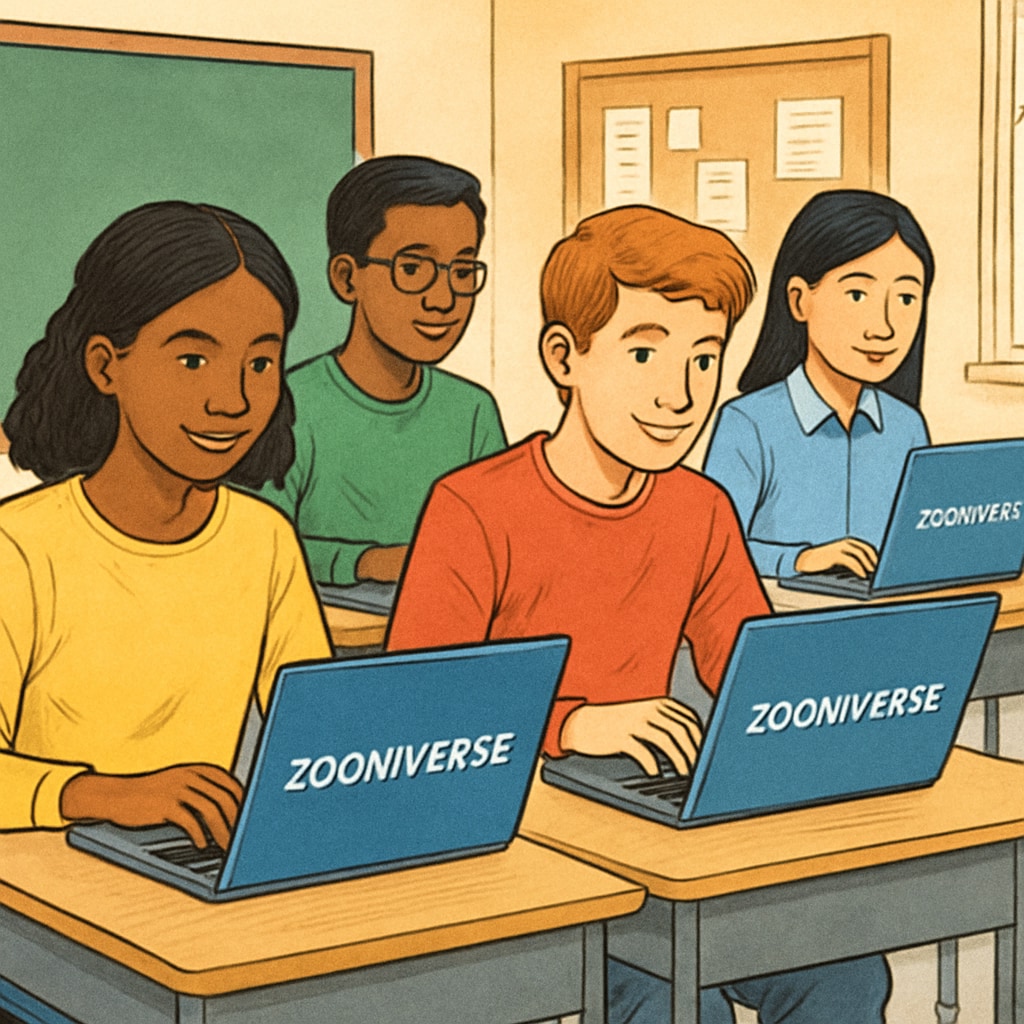 A diverse group of students using laptops to engage in a Zooniverse citizen science project. Students participating in a Zooniverse citizen science project.