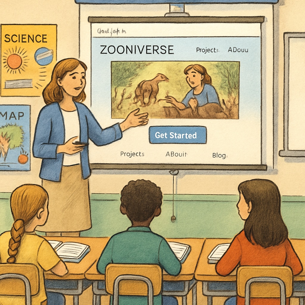 A teacher guiding students through a Zooniverse project on a classroom projector. Teacher introducing a Zooniverse citizen science project to students.