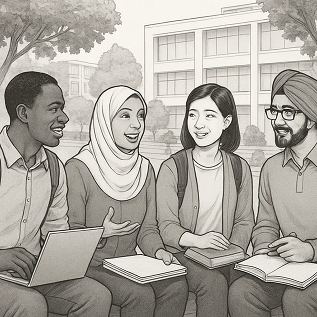 A diverse group of international students discussing academic plans on a university campus. International students discussing AS level university options on campus.
