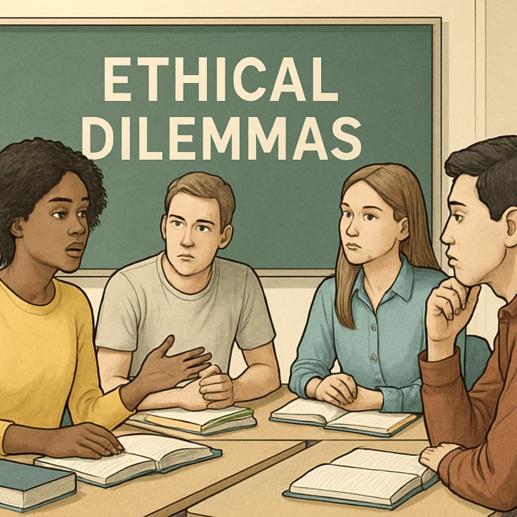 Students debating ethical issues in a philosophy class as part of a modern curriculum.